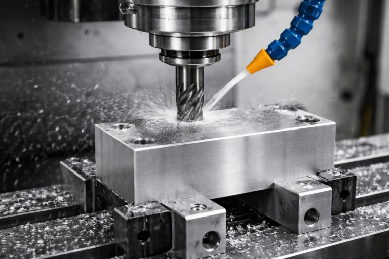 CNC drill bit machining aluminum block closeup